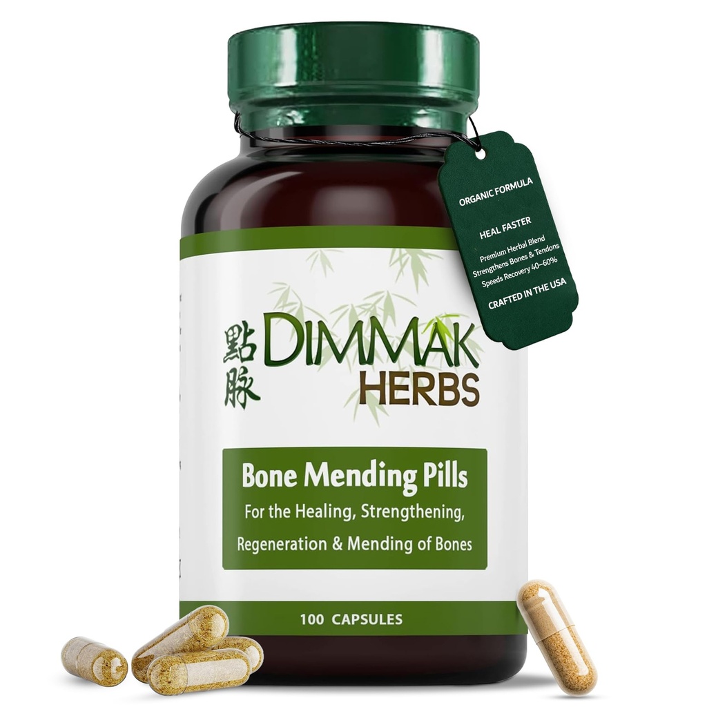 Dimmak Herbs Bone Mending Pills- Rapid Fracture & Broken Bone Healing Supplement- Advanced TCM Formula ile Kurunaria- Stres Fracture & Osteoblast Destek- Organik, Vegan- 500 mg 100 Capsules