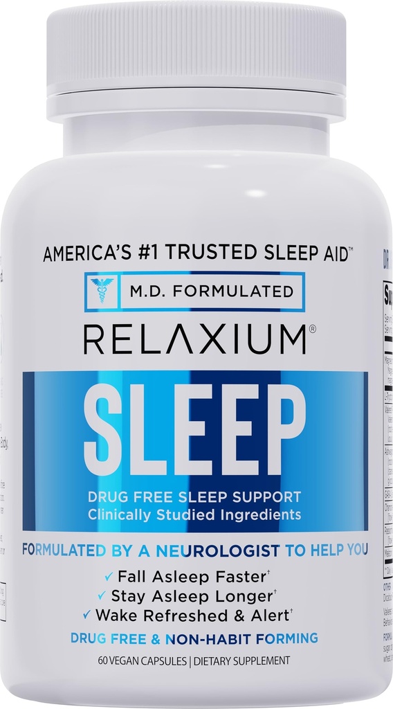 Relaxium Sleep Aid – Yetişkinler için Profesyonel Güçlü Formül | 5 mg Melatonin, Glycinate, Valerest & Ashwagandha | Non-Habit Sleep Support | 60 Capsules, 30-Day Supply