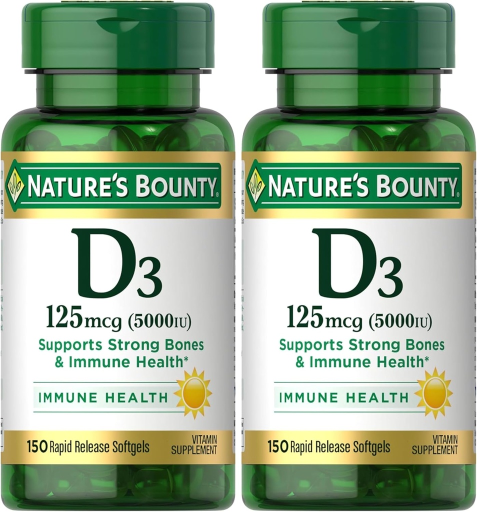 Nature's Bounty Vitamin D3, Immune and Bone Support, 5000IU, Hızlı Yayın Softgels, 150 Ct (Pack of 2)