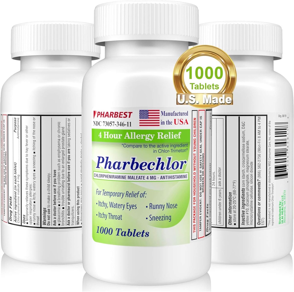 Ulai 4 Saat Alerjisi 1000 Ct [Made in USA] | Itchy, Watery Eyes, Runny Nose, Sneezing, Sinus Relief | Chlorpheniramine Maleate 4 mg | Antihistamin Antihistamin Antifa)