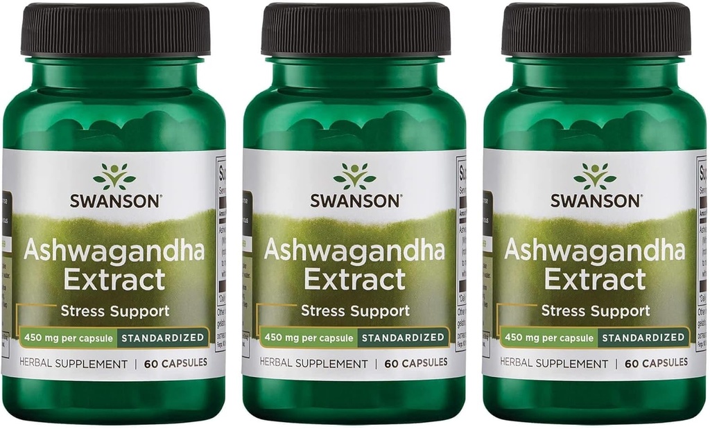 Swanson Ashwagandha Extract-Doğal Supplement Sağlıklı Stres Cevaplarını Geliştirmek, Enerji Desteği ve Nervous System Health-Ayurvedic Supplement for Natural Wellness-(60 Capsules, 450 mg each) (3 Paket)