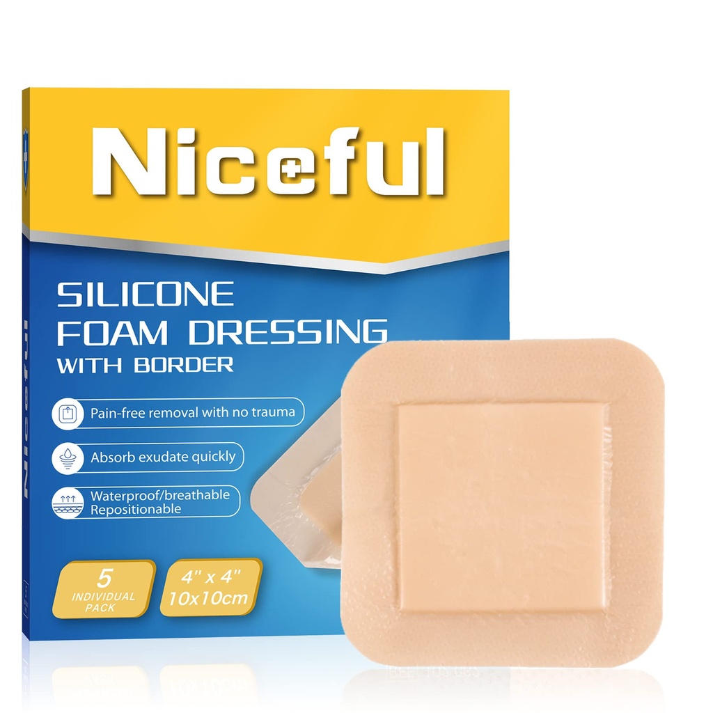 Silikon Köpük 4"x4", Su geçirmez Silikon Bantları, Yüksek Absorbency Bed Sore Bandages Yara Bakımı Giyinme (2.5"X2.5) Pad, 5 Packs, FSA HSA Electable