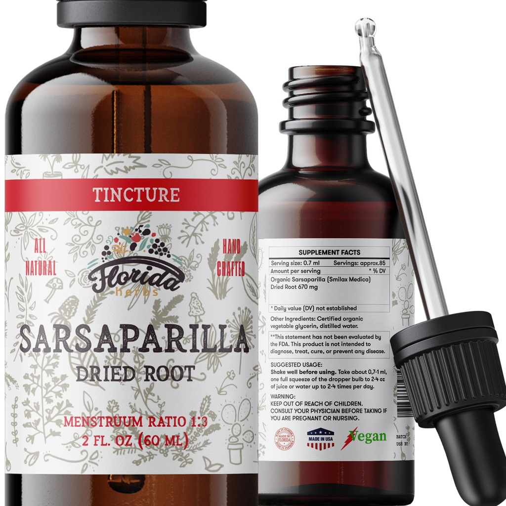 Sarsaparilla Tincture, Organik Sarsaparilla Ekstraksiyon (Smilax Medica) kuru Kök, Soğuk-Basın Organik Sebze Glycerin 2 oz, 670 mg