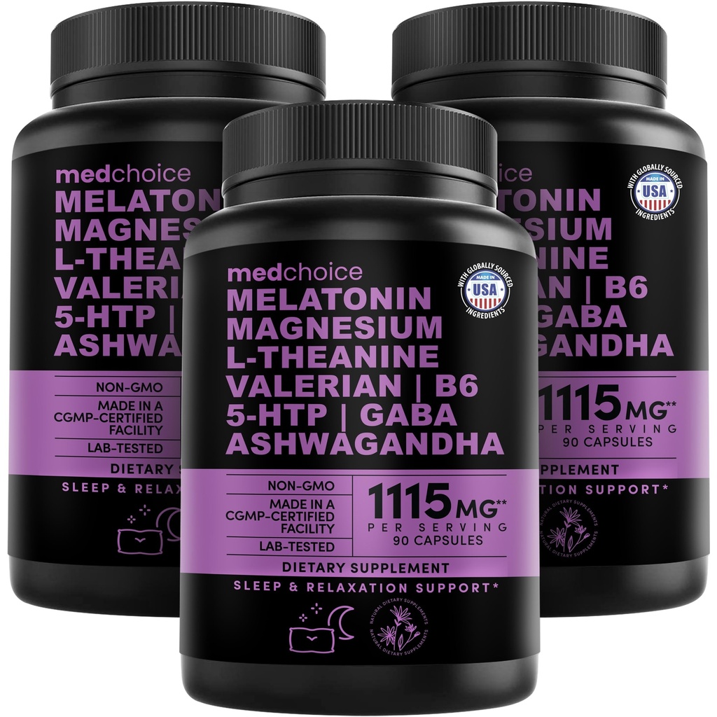 12in-1 Melatonin Sleep Capsules - Melatonin 5 mg ve Magnezyum Glycinate 500 mg ile Yetişkinler için Doğal Uyku Aids, L Theanine, Valerian Root, GABA, 5-HTP (90ct, Pack of 3)