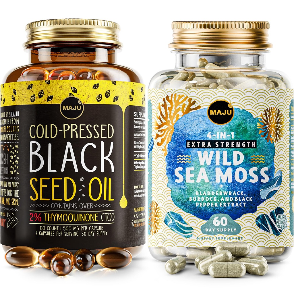 Maju Superfoods 4-in-1 Sea Moss Capsules ve Black Seed Oil Capsules
