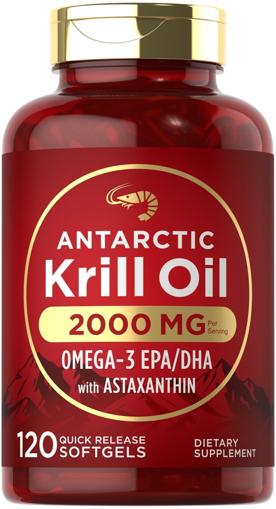 Carlyle Antarktika Krill Oil 2000 mg | 120 Softgels | Omega-3 EPA, DHA, Astaxanthin Supplement Red Krill | En Güçlü | Laboratuvar Test Edildi