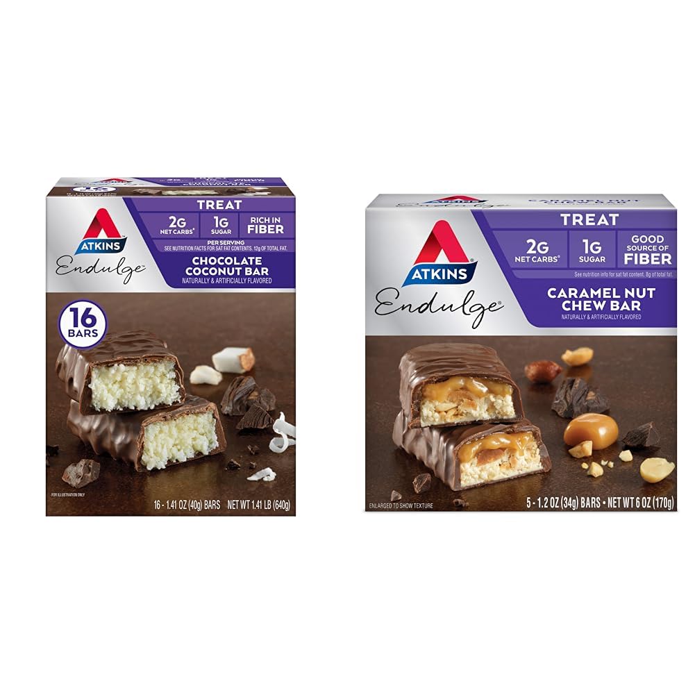 Atkins Endulge Chocolate Coconut Bar 16 Count & Caramel Nut Chew Bar 5 Count Sche