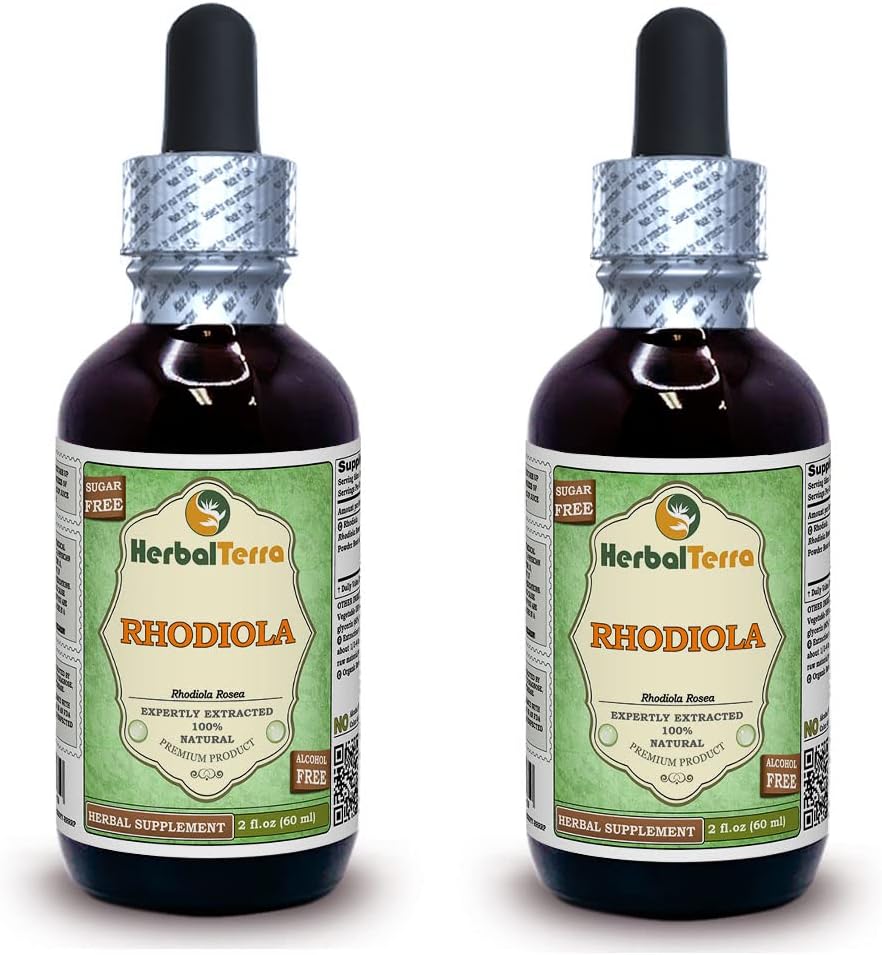 Rhodiola (Rhodiola Rosea) Glycerite, Organik Kuru Kökler Alkol Özgür Sıvı Tür (Brand Name: HerbalTerra, Proudly Made in USA) 2x2 fl.oz (2x60 ml)