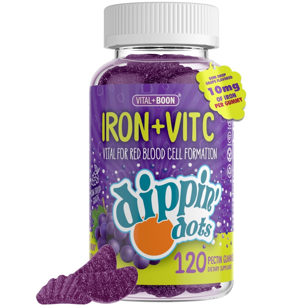 Demir C & B12 Gummies (120 Count) Kırmızı Kan Hücre Formasyon için Yaşam | Gum Drop Grape Real Pectin Meyve Chew Supplements | Vegan, Non-GMO, Gluten Free & Gelatin Free & Gelatin Free