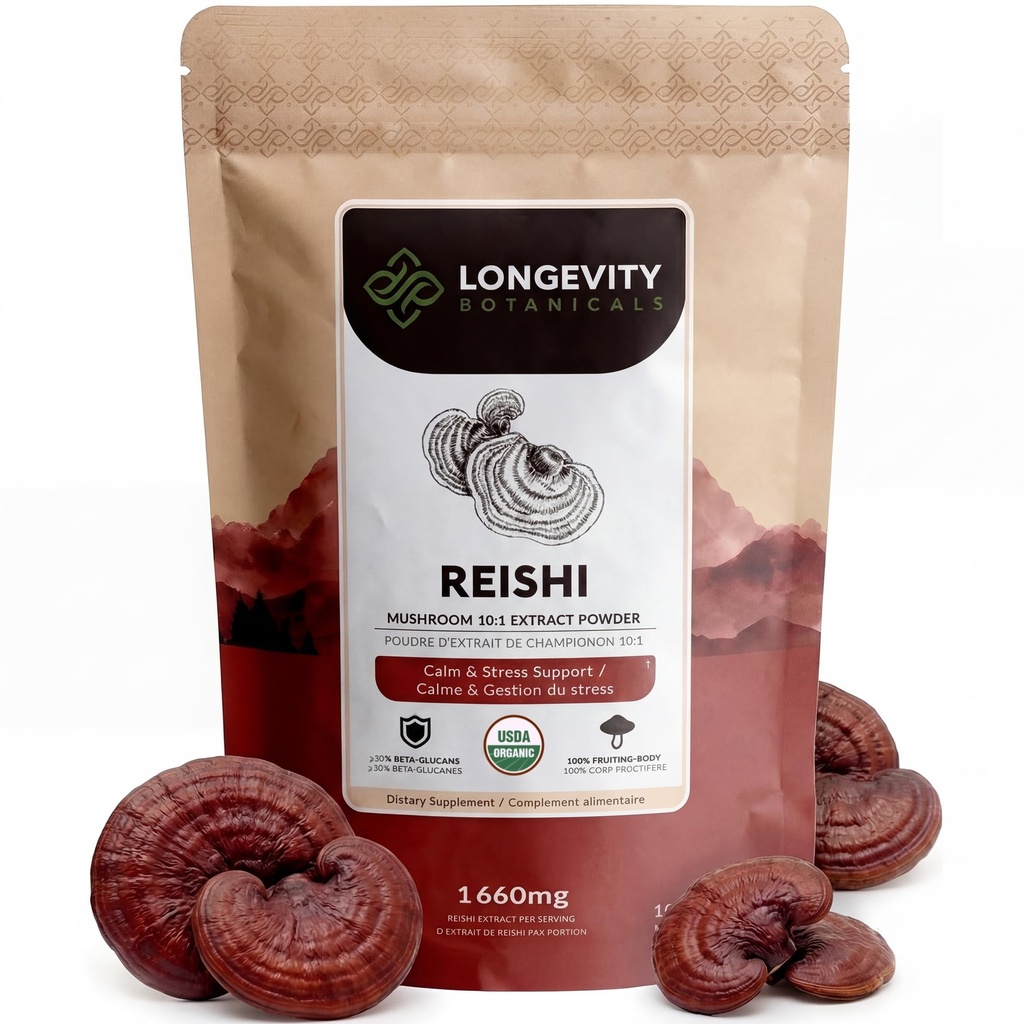 Longevity Botanicals Organic Reishi Mushroom Extract Toz 100g | Yoğun 10:1 Oran | 100 Meyveli Bodies | Lingzhi (Ganoderma lucidum) Immune için Doğal Tamam, Stres ve Destek
