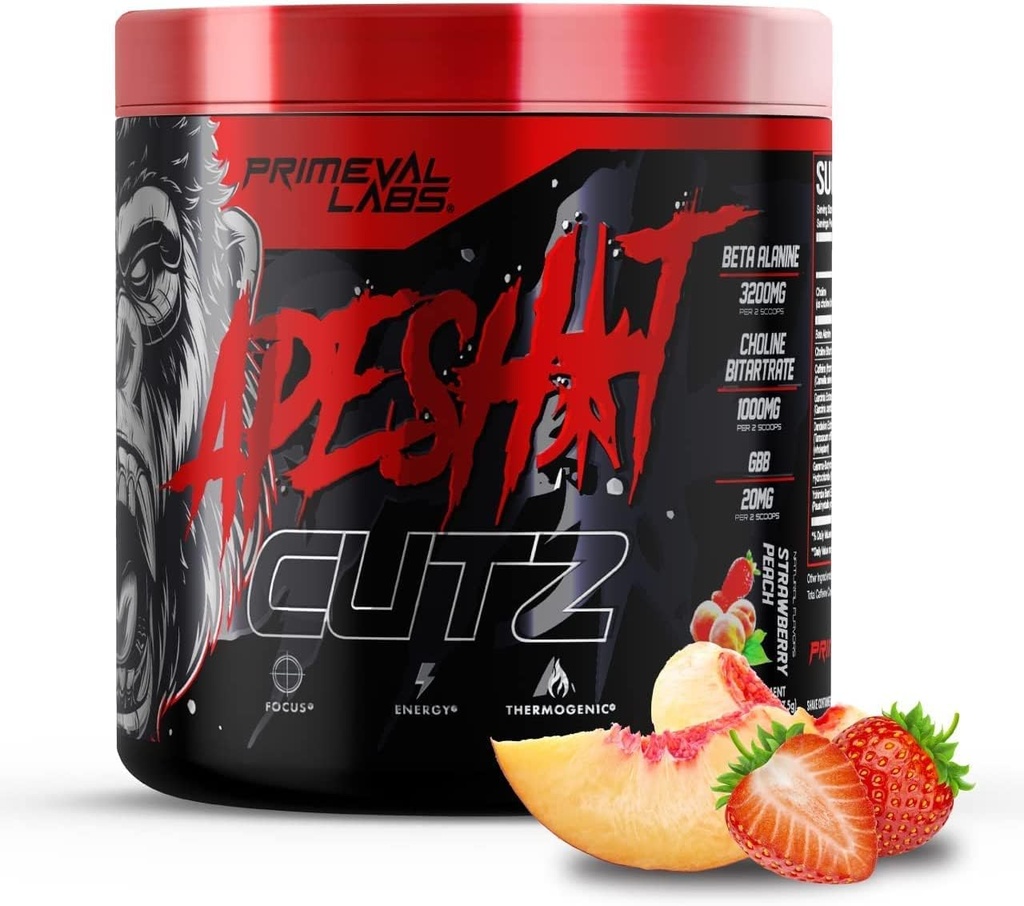 Primeval Laboratuvarları Ape Cutz Pre Workout Toz | Bilimsel Olarak Formüle edilmiş | Beta Alanine ile Daha Fazla Performans | Post Workout Drink & Energy ATM 50 Servisler Strawberry Peach