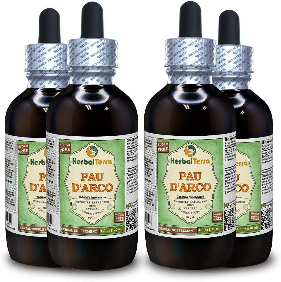 PAU d'arco (Tabebuia Impetiginosa) Glycerite, kuru Bark Alkol Özgür Sıvı Ekstraksiyon (Brand Name: HerbalTerra, Proudly Made in USA) 4x4 fl.oz (4x120 ml)