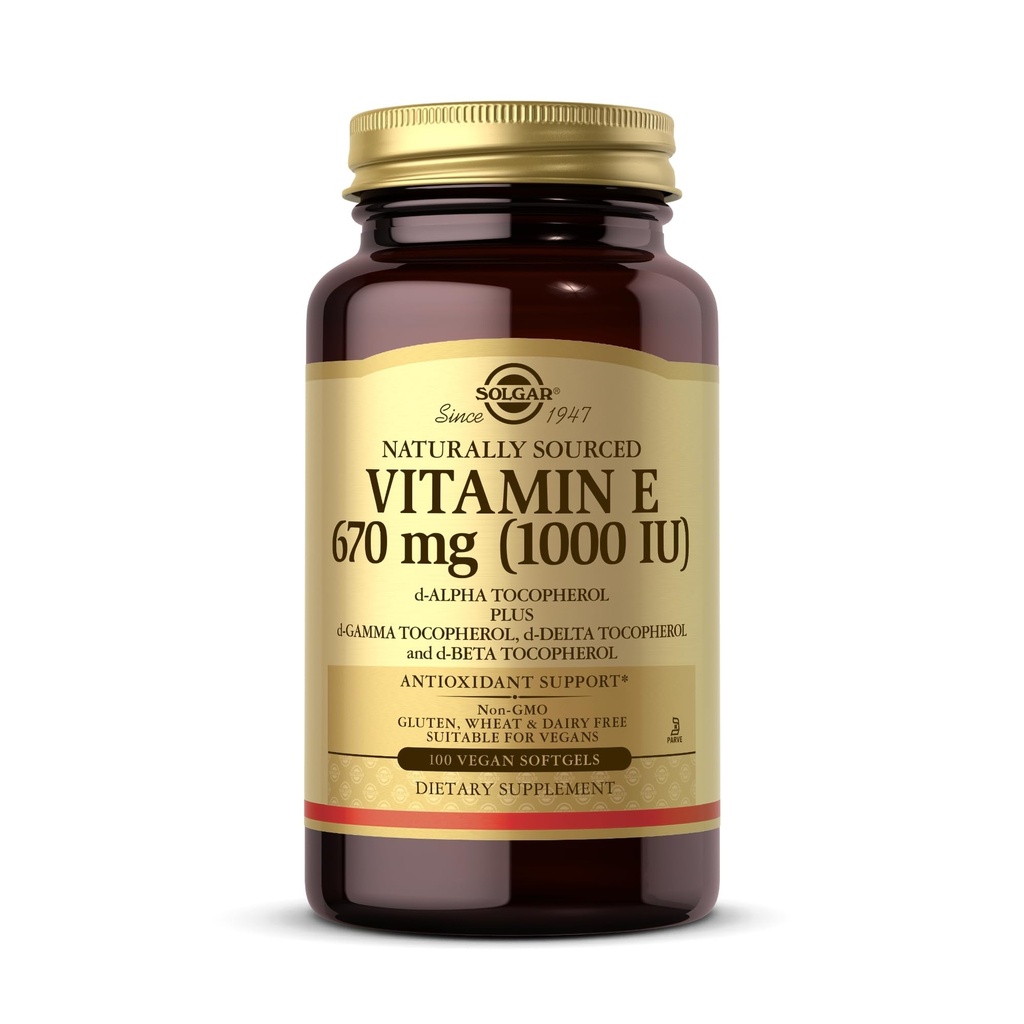 Solgar Vitamin E 670 mg (1000 IU) - 100 Vegan Softgels - Doğal Antioksi - Non-GMO, Gluten Free - 100 servis