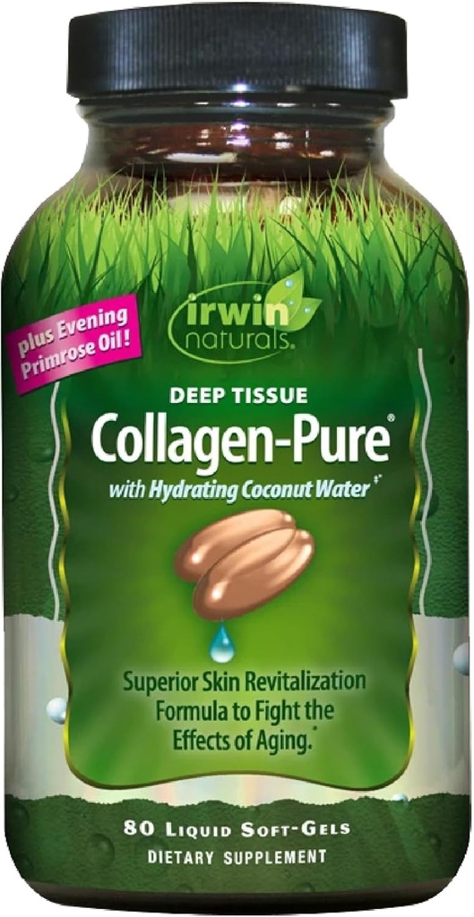 Irwin Naturals Deep Tissue Collagen-Pure - 80 Liquid Softgels - Üstün Skin Revitalization to Fight The Effects of Aging - Adds Hydrating Coconut Water & Evening Primrose Oil Oil