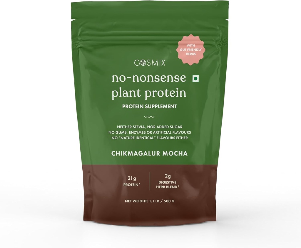 cosmix No Nonsense Plant Protein | Organic Brown Rice & Pea Isolate | Easy Digestion | 24G Protein/Serving | Gluten & Lactose Free | (Chikmagalur Mocha, 500g)