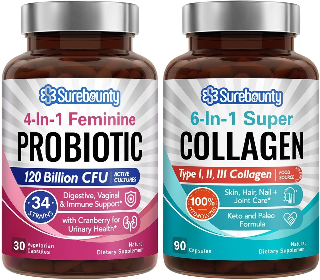 Probiyotik + Collagen Sche, 4-in-1 Feminine Probiyotik (30ct) & 6in-1 Super Collagen (90ct), 2 Packs, Cranberry, Digestive & Health Aging Support, Non-GMO