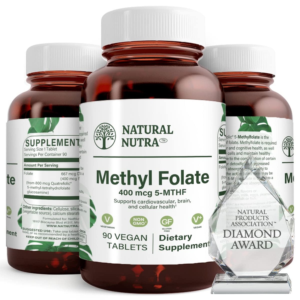 Doğal Nutra Aktif Metil Foate Supplement with Quatre folic, Support Heart and Body Health, Helps Brain Health, improve Pozitif Vibes, Bone-Tired, B9, 90 Vegan Tabletleri (Pack of 2)