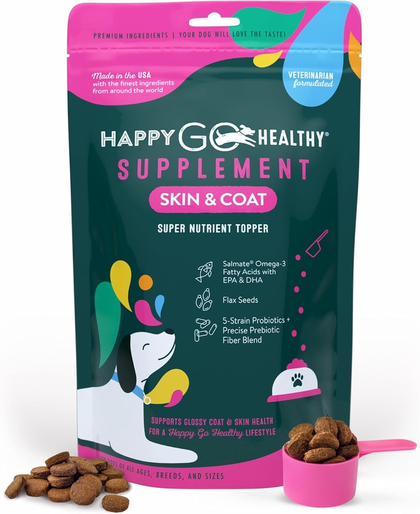 Skin & Coat Supplements for Dogs | Dog Itching Skin Relief & Promotes Shiny Skin Coat for Dogs | Rich in Omega 3 All-Natural Ingredients Tasty Kibble Dog Food Topper | 60 Count Pack