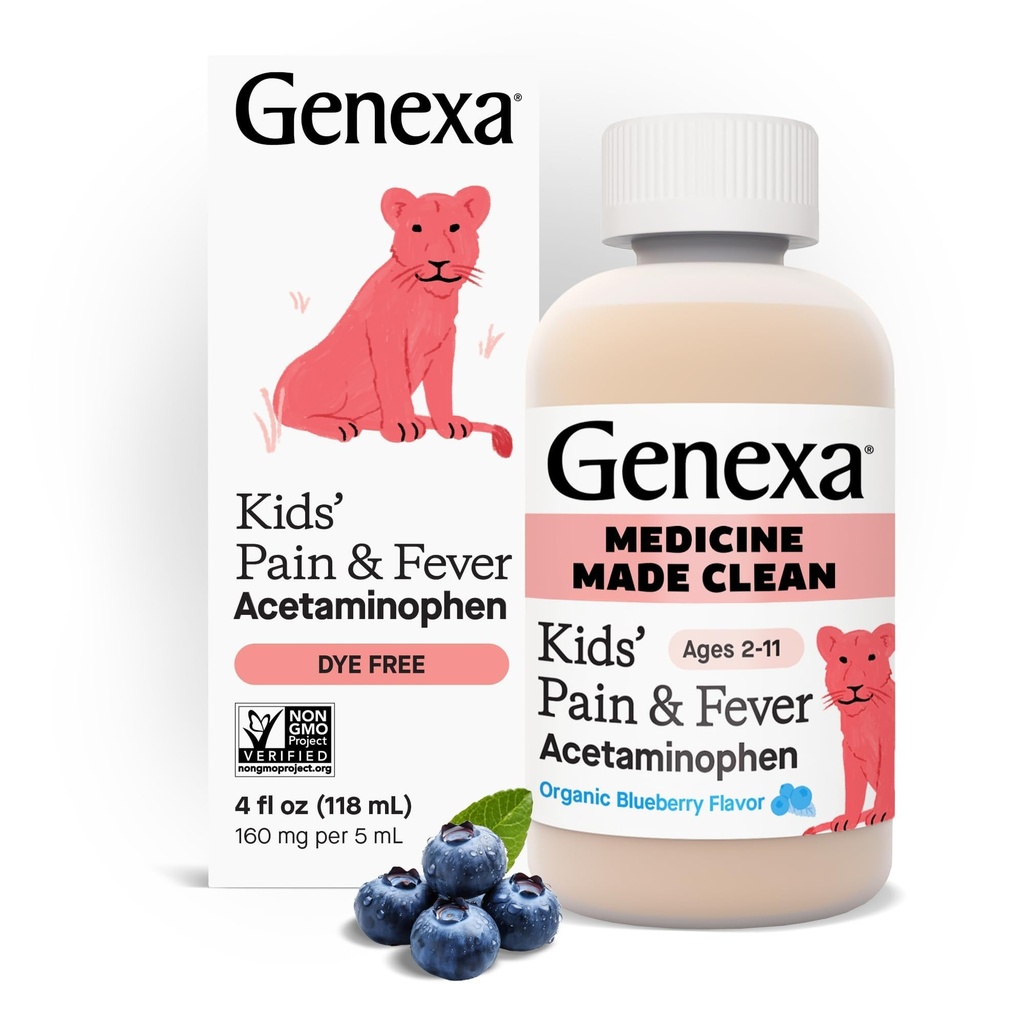 Genxa Çocuk Temiz Acetaminophen | Pediatrik Tercihli Malzemeler | Çocuklar için Ağrı ve Ateş Tespiti | Dye Free, 0% Yapay Katkılar | 2-11, Delicious Organic Blueberry Liquid, 4 fl ozzz