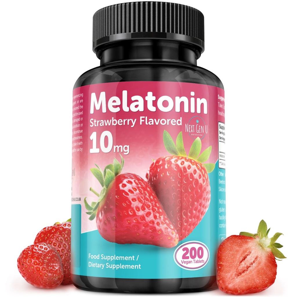 Melatonin Tabletleri - 10 mg Diyetsel Tamam - Strawberry Flavored - 200 Vegan Tablet - SonrakiGenU