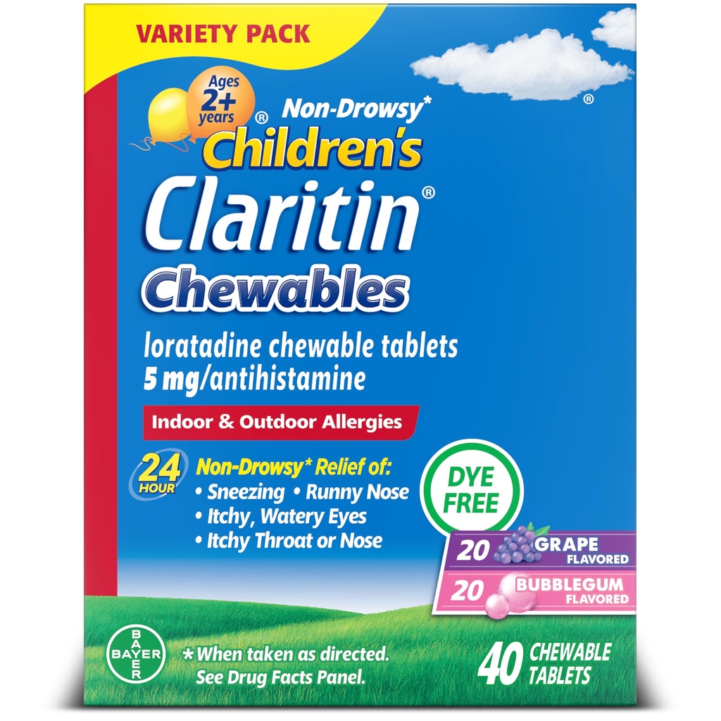 Claritin Çocuk Alerji ilacı, 24 Saat Odaksız Loratadine 5 mg Chewable Tablet, Çocuk Yaşları 2 Yıl ve Yaşlılar için Antihistamin, Grape & Gum Flavors, 40 Tablet