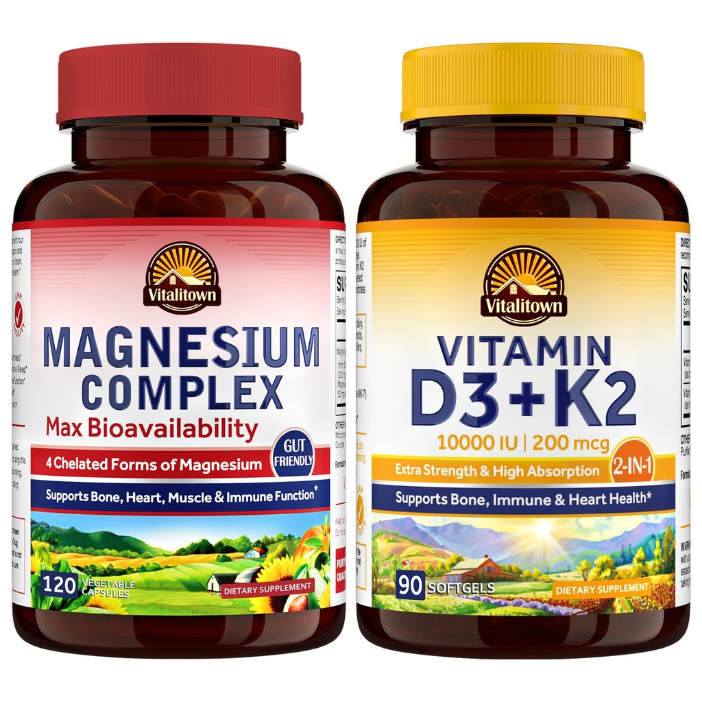 Vitalitown Magnezyum Kompleksi ve D3 K2 Grafik ( 2) | Bone Heart Immune & Muscle | Magnezyum Glycinate, 10000IU D3, MK-7 | 120 Mag Caps & 90 D3 Softgel