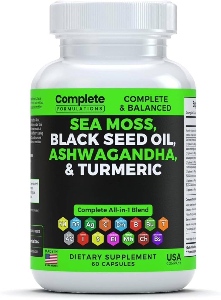 Sea Moss Supplement Meeting with Black Seed Oil Ashwagandha Turmeric Bladderwrack, Burdock & Vitamin C & D3 with Elderberry Manuka Dandelion Sarı Dock Iodine