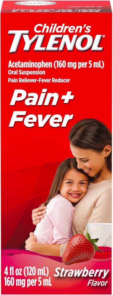 Children's Tylenol Oral Suspension Medicine, Kids' Liquid medicine Pain Reliever & Fever Reducer for Cold + Flu Symptoms, Aspirin-, Ibuprofen- & Alcohol- Free, Strawberry, 4 fl. oz