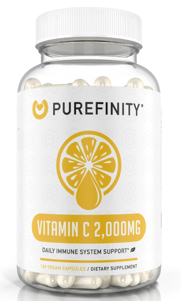 PUREFIN Vitamin C 2000 mg Capsules - Çift Güç, Yüksek Abhidrasyon Tamam, Güçlü Antioksit Özellikleri, 120 Capsules (1 Ay Supply)