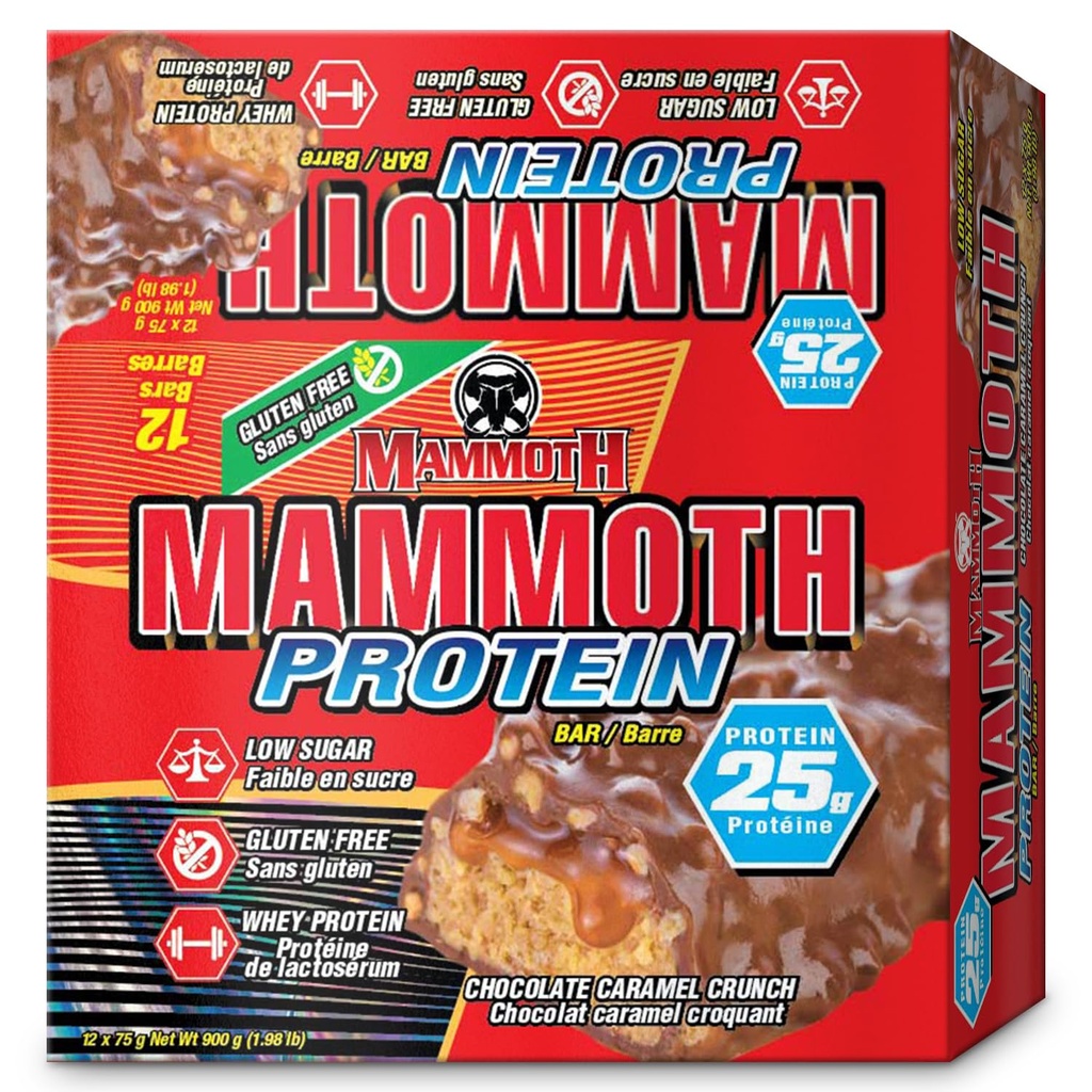 MAMMOTH Protein Bar, Chocolate Peanut Butter Crunch, 25g Protein, Low Sugar, Low Carb, Gluten Free, 12 x 65g (12) (Chotezar Peanut Butter Crunch) (12 Kont, Chocolate Caramel Crunch)