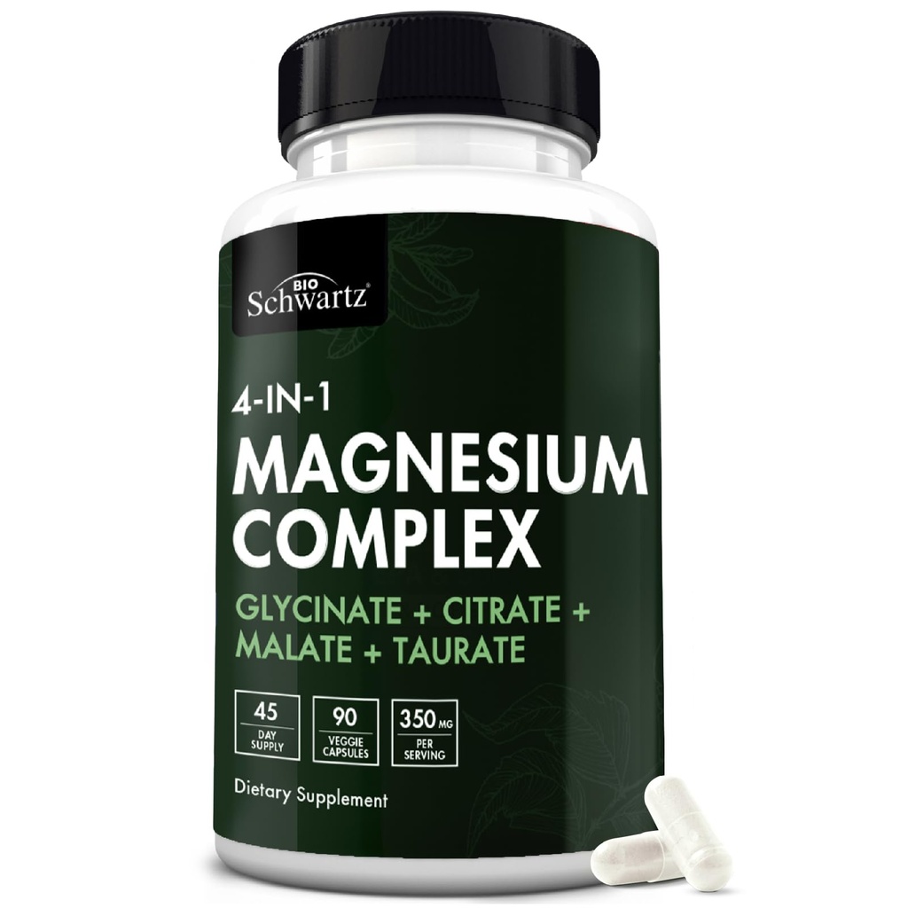 BioSchwartz Magnezyum Kompleksi (90 Capsules) 350 mg Glycinate Citrate Malate ve Taurate Per Sağlıklı Nerves Kass Kalp Uyku Desteği (Vegan, Gluten-Free, Non-GMO)