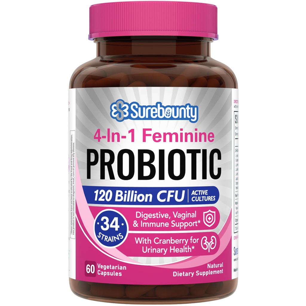 Kadınlar için probiyotikler, 120 Milyar CFU 34 Strains, Prebiyotikler, Digestive Enzymes, Cranberry, 4-in-1 Feminine Probiyotik, Digestive, Vaginal, Immune Support, 60ct