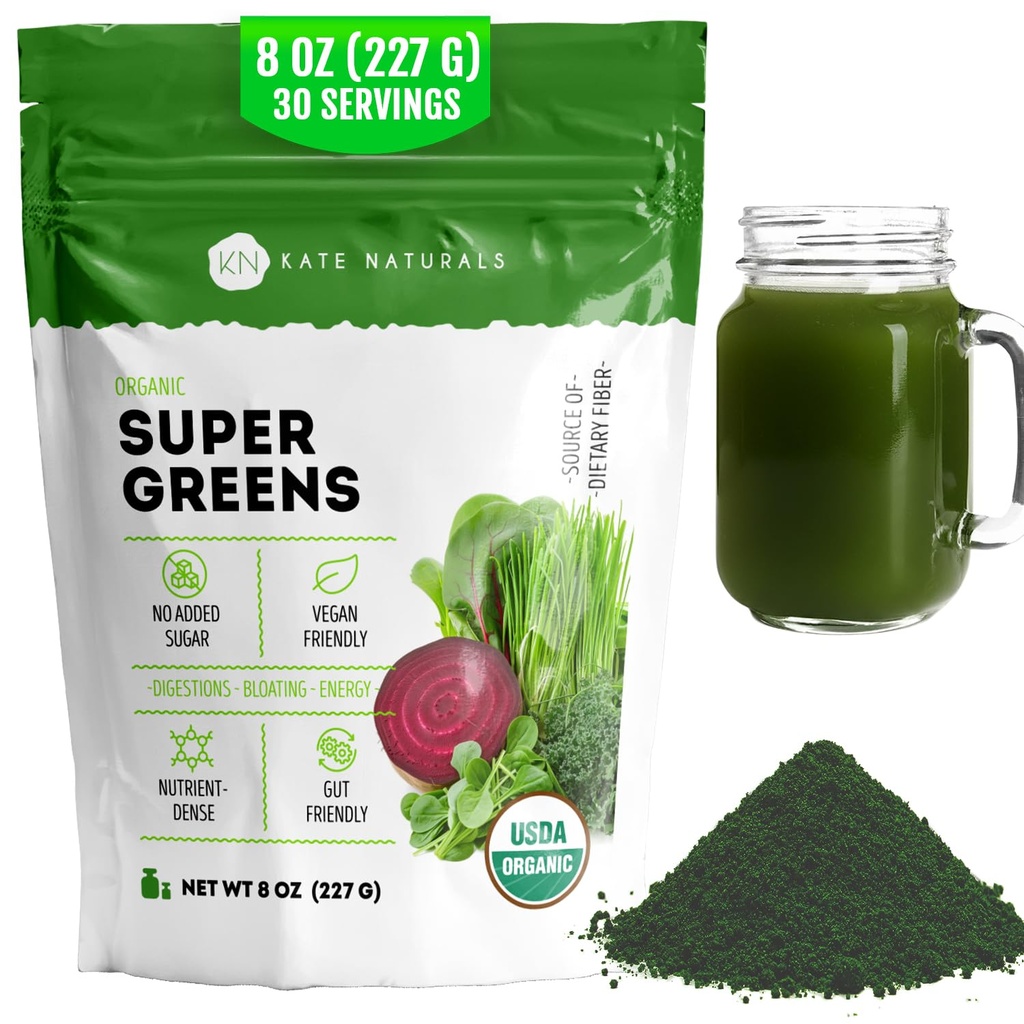 Kate Naturals Organic Super Greens Powder. Daily Greens Superfood Blend with Probiotics & Fiber for Smoothies and Juice (30 Servings, 8oz, Natural)