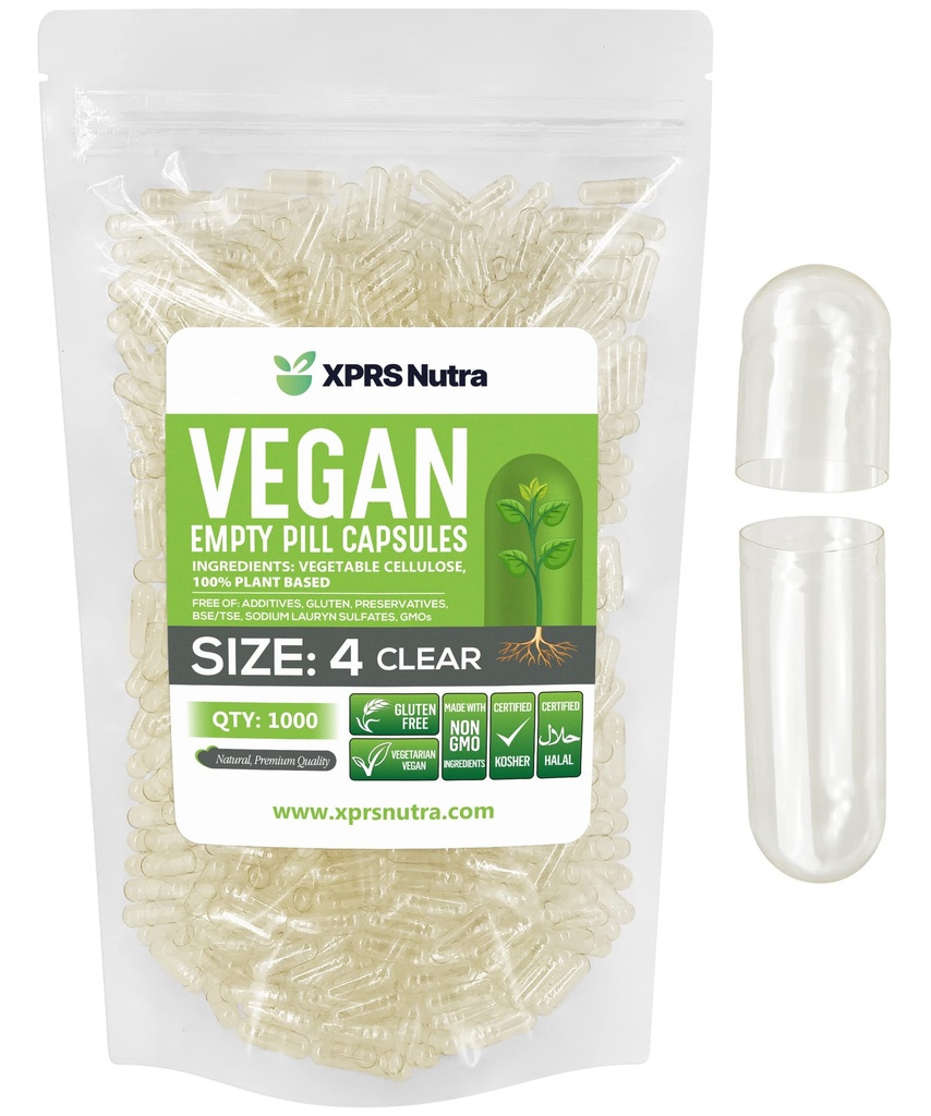 XPRS Nutra Boyutu 4 Boş Kapsüller - 1000 Kont Küçük Clear Boş Vegan Capsules- Vejetaryen Pills - DIY Sebze Kapsülü - Tamamlanabilir Do-Kendiniz Veggie Caps for Supplements