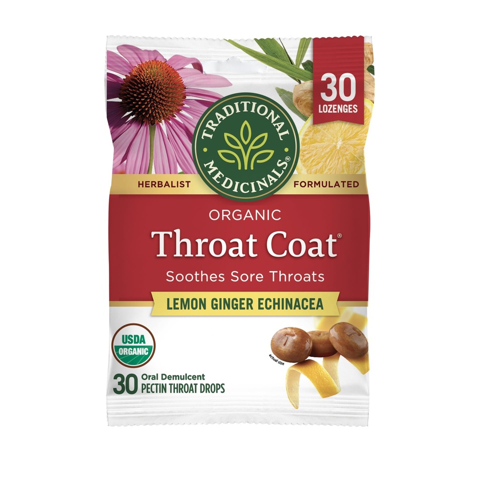 Geleneksel Medicinals Lozenges, Organik Throat Coat Lemon Ginger Echinacea, Sore Throat Support, 30 Bireysel olarak Lozenges Lozenges