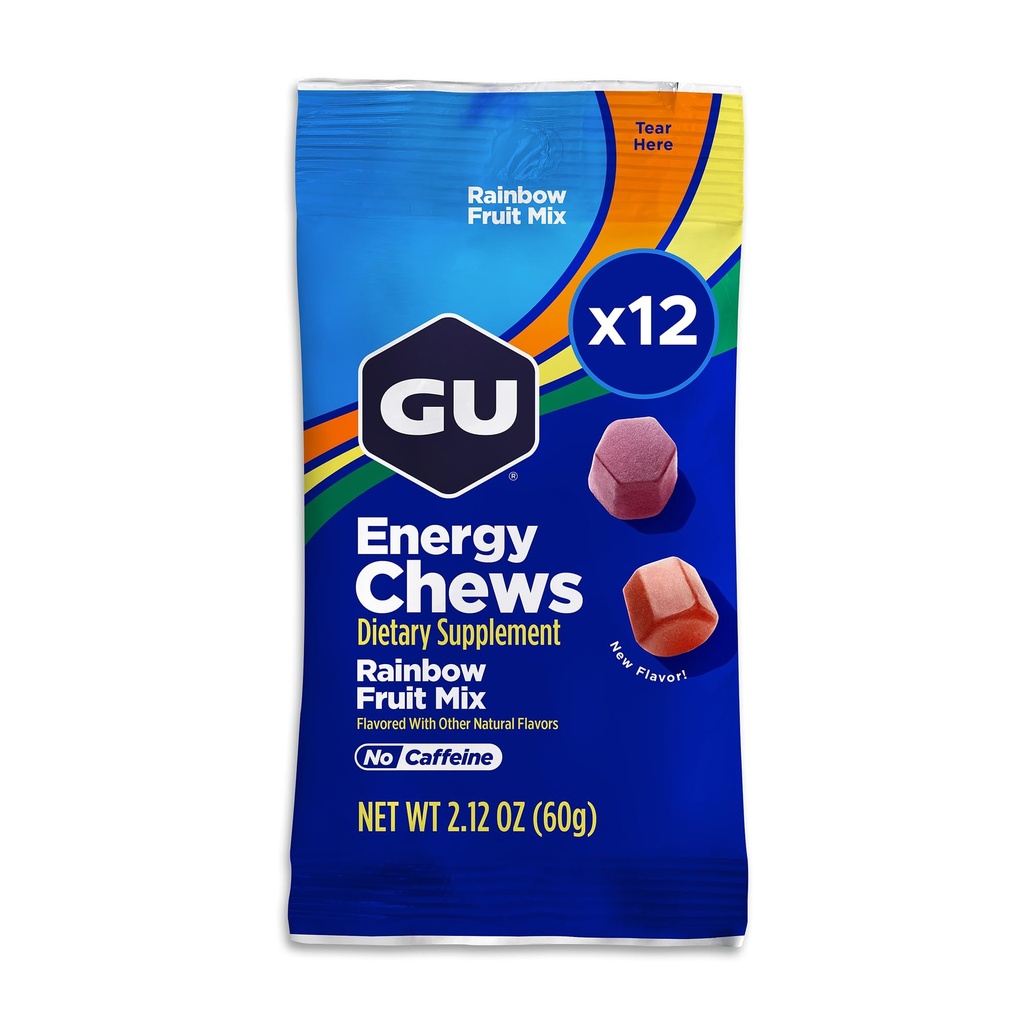 GU Energy Chews, Rainbow Mix Energy Gummies with Electrolytes, Dairy-Free, On-Go Energy for Any Workout, 12 Çanta (24 Toplam)