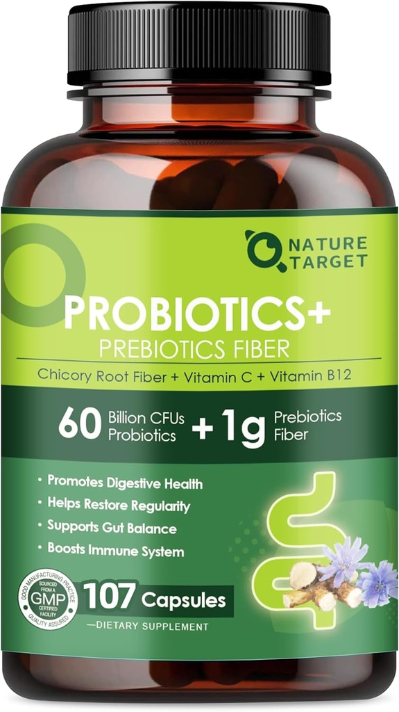 Probiotics for Women Digestive Health with Prebiotic Fiber - Fiber Supplement with 60 Billion Probiotic for Regularity & Gut Cleanse - Supports Occasional Constipation - 107 Veggie Capsules