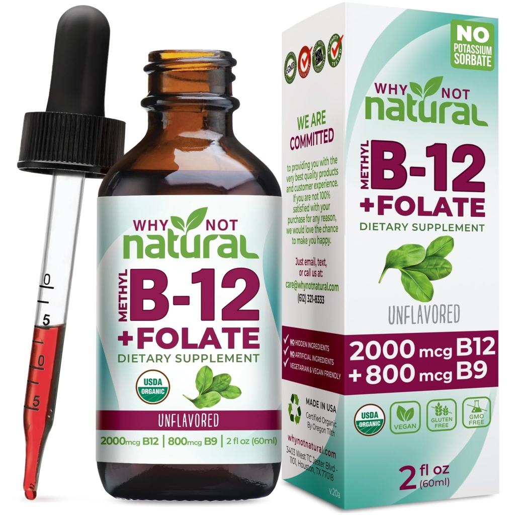 Neden Doğal Vitamin B12 Sıvı Plus Folate - Organik Sublingual Extra Strength Vegan Drops - Folinic Supplement with Folinic