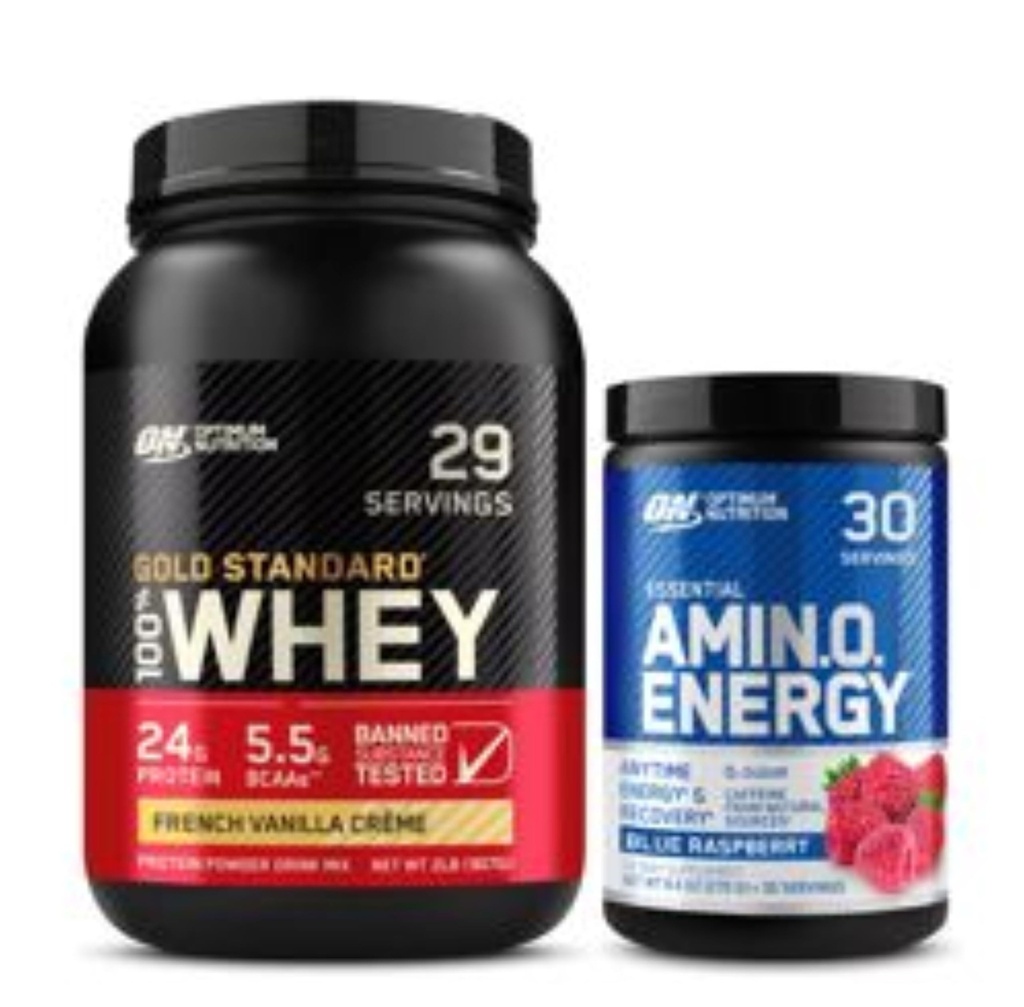 Optimum Beslenme Dinamik Duo Sche: Amino Energy, Blue Raspberry (30 hizmet) ve Gold Standard 100% Whey protein Toz, Fransız Vanilla Creme (29 hizmet)