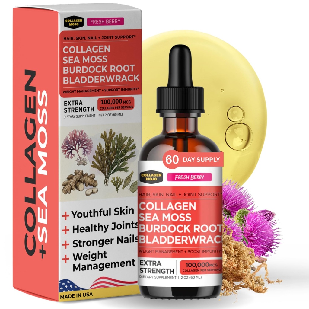 Collagen Mojo - Kadınlar ve Erkekler için sıvı Collagen,, Sea Moss ile Collagen,, Burdock Root & Bladderwrack - Saç, Skin, Nails, Ortak Destek, Kilo Yönetimi, Yüksek Aorpsiyon - 100.000