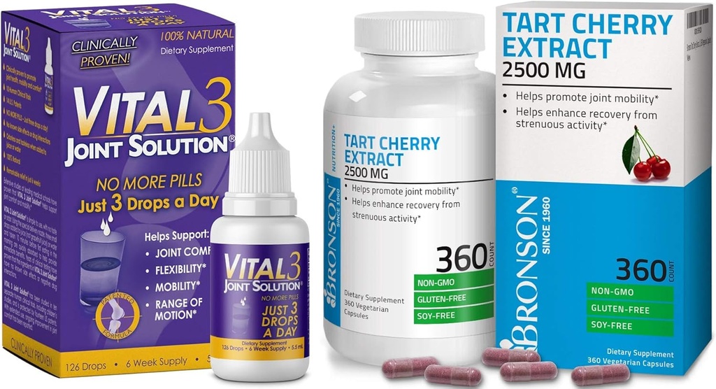 Vital 3 Ortak Çözüm® Klinik olarak Proven Sıvı Diz Yardım Tamam + Bronson Tart Cherry Ekstra 2500 mg Vegetarian Capsules