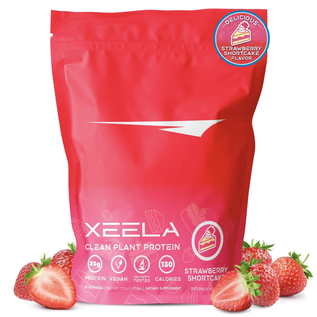 XEELA Plant Temel Vegan Protein Tozu - Bağımsız Test Edildi - 25g Yüksek Protein, Erkekler ve Kadınlar için Pea Protein - Vitaminler ve Mineraller, GMO, Süt & Gluten Ücretsiz, LowCarb & LowFat (Strawberry Kek)