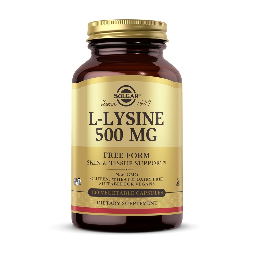 Solgar L-Lysine 500 mg - 100 Sebze Capsules - Skin & Tound Support - Non-GMO, Vegan, Kosher, Gluten Free - 100 Hizmet