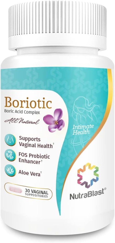NutraBlast Boric Acid Vaginal Suppories Kompleks w/Aloe Vera & FOS Prebiyotik Advancedr | All Natural Boriotic | Made in USA (30 Count)
