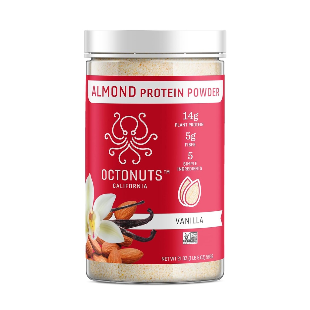 Octonuts Vanilla Almond Protein Toz 21oz - Bitki bazlı Vegan Protein - Temiz Low Carb Mix with 14g Protein, 5g Fiber – Keto, Paleo, Gluten Free, Non-Dairy – Shakes, Smoothies veya Baking için ideal