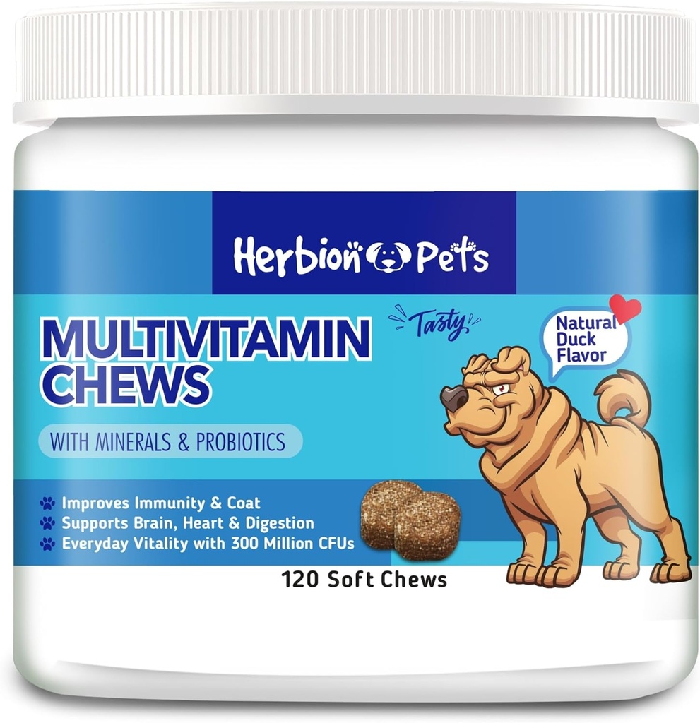 Herbion Evcil hayvanlar Minerals & Probiyotiklerle Chews, Immunity & Coat, Supports Digestion, Brain & Heart Health, Delicious Natural Duck Flavor, Dog Supplements & Vitamins, Pack of 1