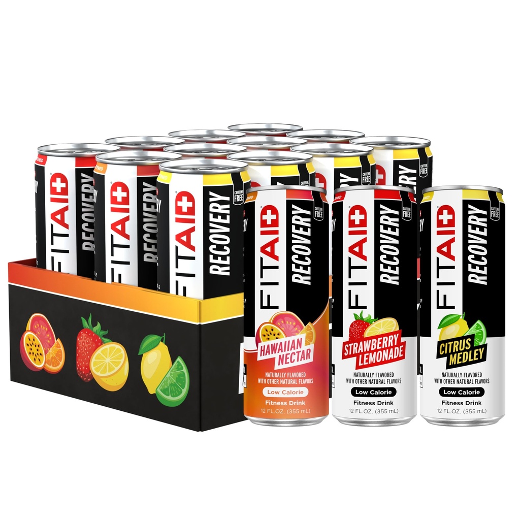 FITAID Post Workout Recovery, Variety Pack, 12 fl oz (12-Pack) | Premium post-workout recovery variety pack featuring BCAAs, Electrolytes, and essential vitamins.