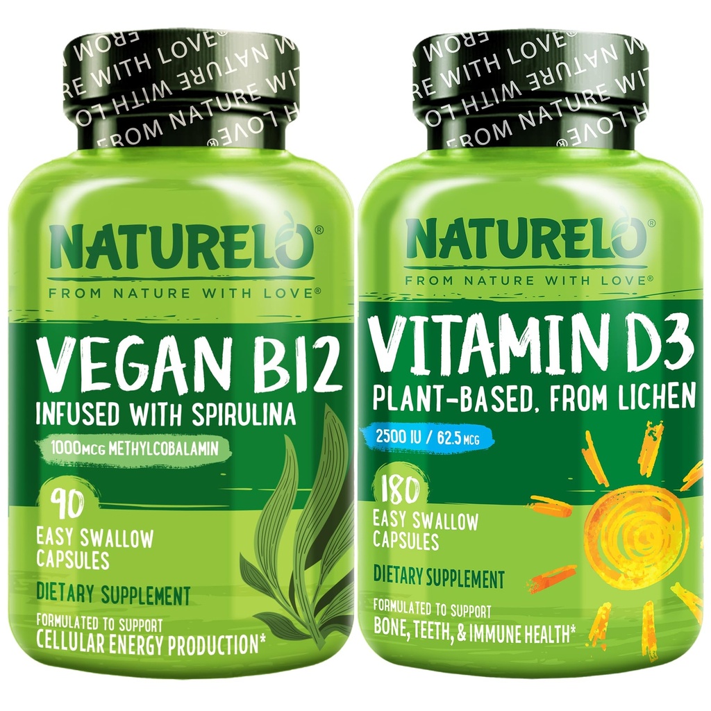 NATLO Vitamin D - Plant Based from Lichen - 180 Mini Capsules, Vegan B12, 1000 mcg Torchcobalamin - 90 Capsules