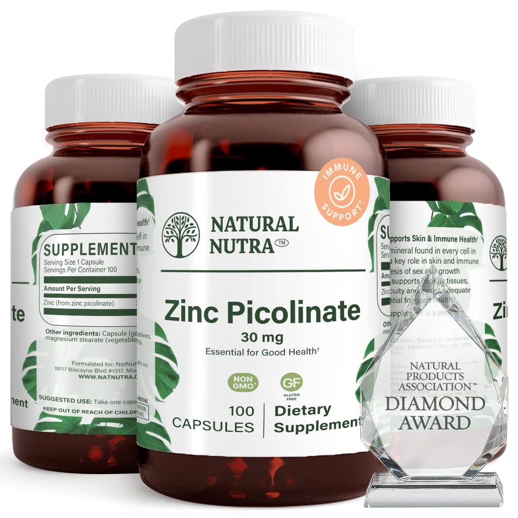 Natural Nutra Zinc Picolinate 30 mg, Double Strength, Raw and Pure, Highly Bioavailable Supplement for Growth and Immune Support, Helps Promote Skin Health, Helps Support Metabolic System 100 Capsules