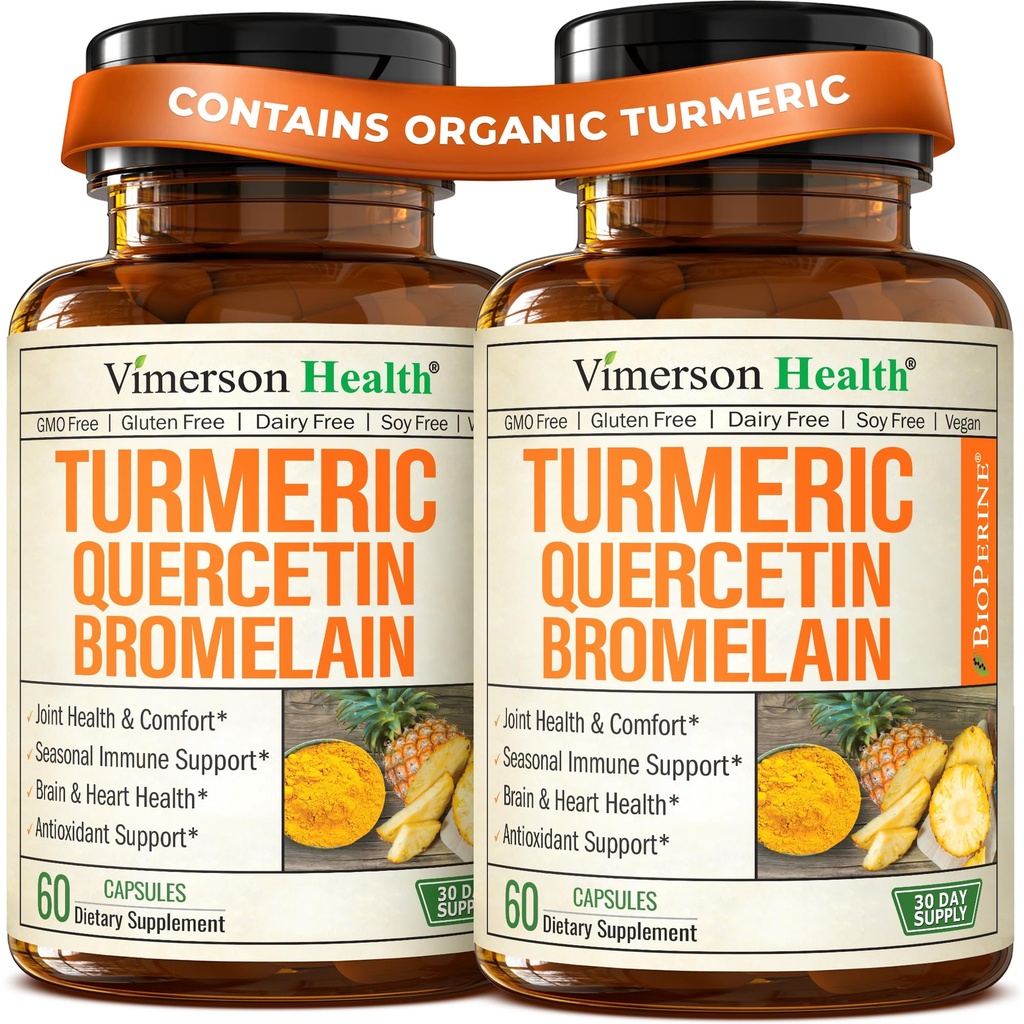 Bromelain Turmeric Curcumin Supplement – Alerji Yardımı, Ortak & Immune Support – Organik Turmeric Supplement with Black Pepper (Bioperin) – Quercetin 500 mg Capsules 2 Pack